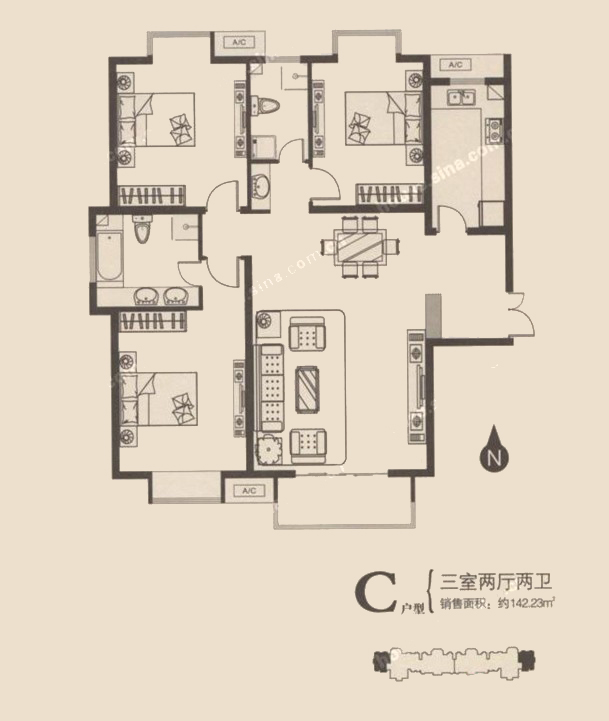 C戶型 三室兩廳兩衛 142.23㎡